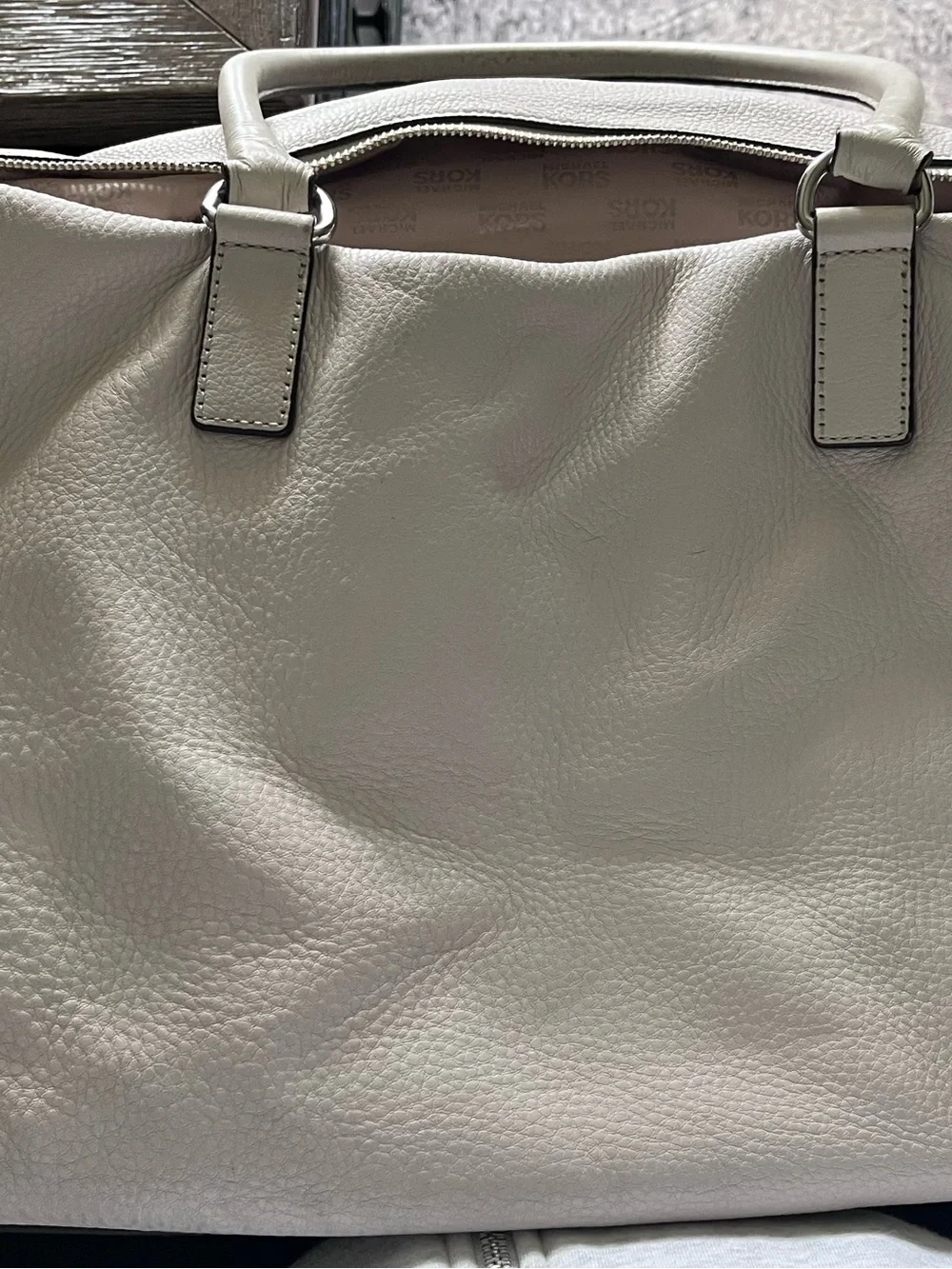 Michael Kors Cream Leather Double-Handle Satchel with Silver Hardware